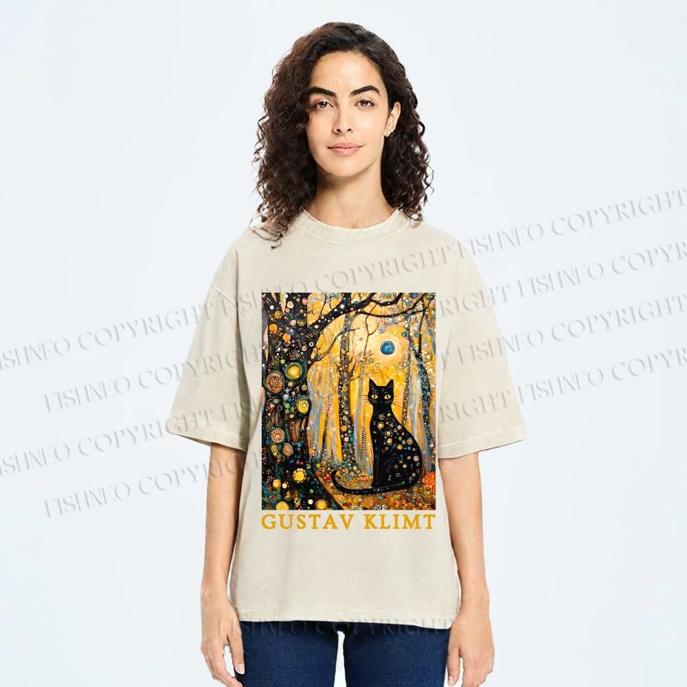 Unisex Gustav Klimt Cat in Wood Printed Washed Tee