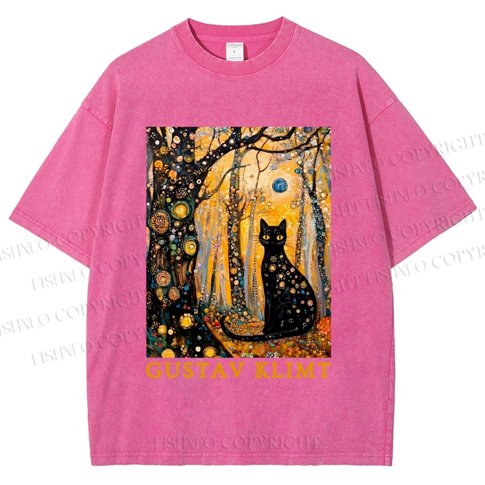 Unisex Gustav Klimt Cat in Wood Printed Washed Tee