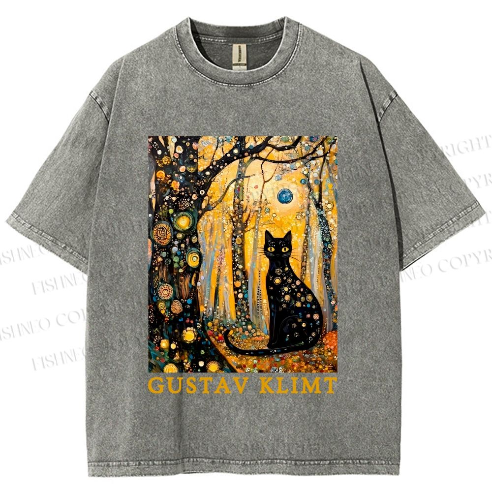 Unisex Gustav Klimt Cat in Wood Printed Washed Tee