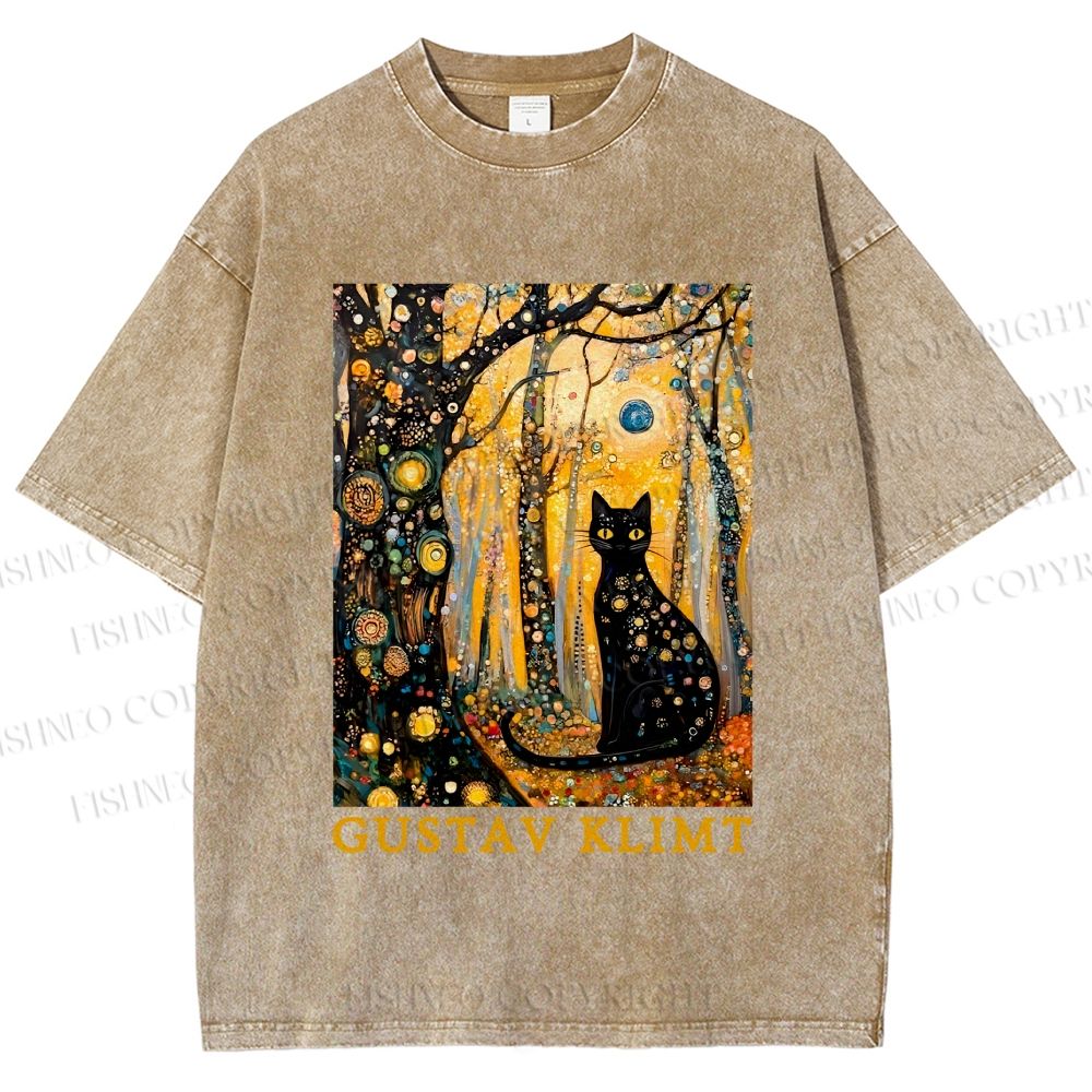Unisex Gustav Klimt Cat in Wood Printed Washed Tee