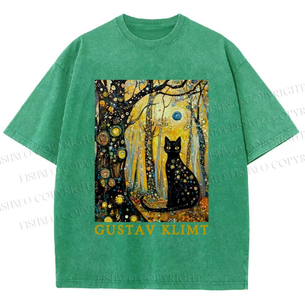 Unisex Gustav Klimt Cat in Wood Printed Washed Tee