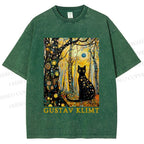 Unisex Gustav Klimt Cat in Wood Printed Washed Tee
