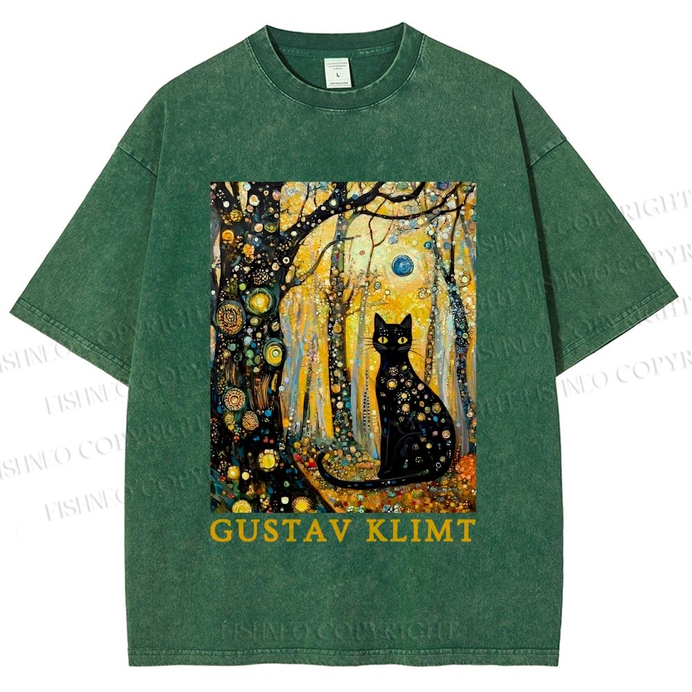Unisex Gustav Klimt Cat in Wood Printed Washed Tee