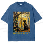 Unisex Gustav Klimt Cat in Wood Printed Washed Tee