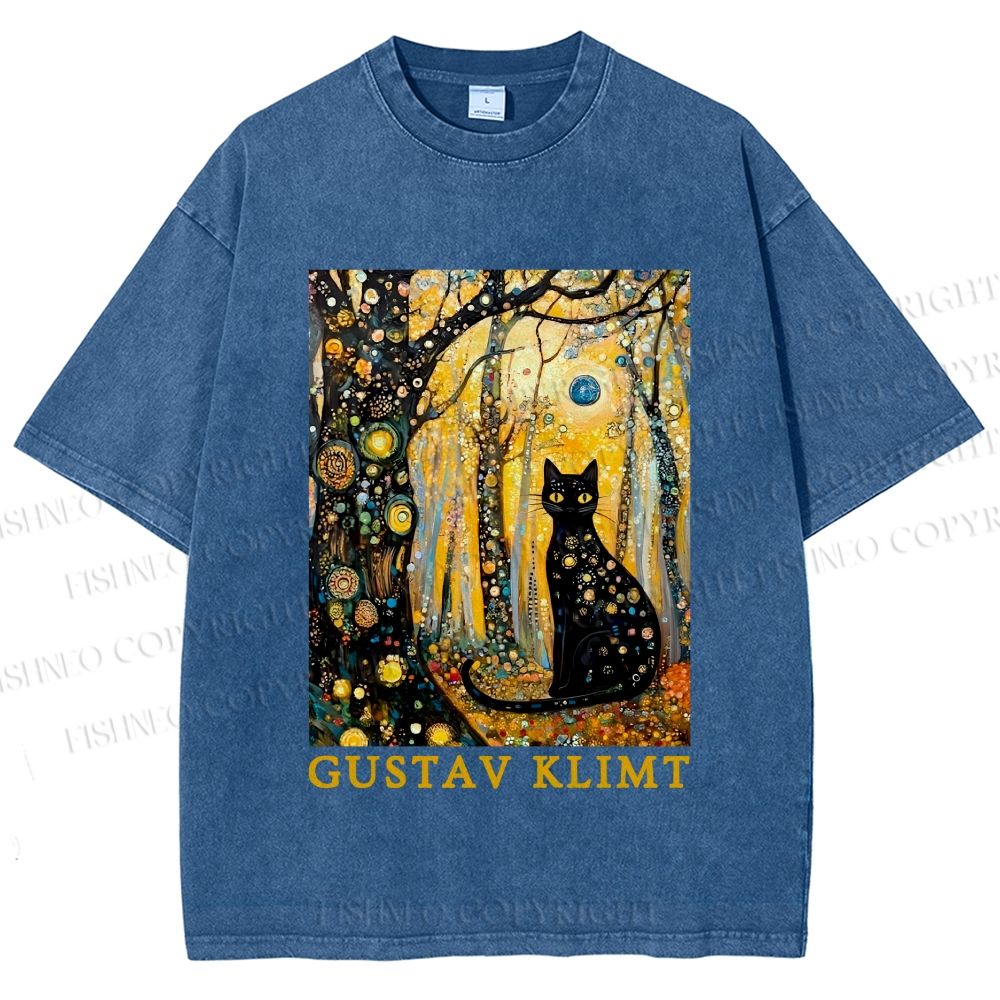 Unisex Gustav Klimt Cat in Wood Printed Washed Tee