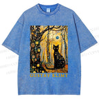 Unisex Gustav Klimt Cat in Wood Printed Washed Tee