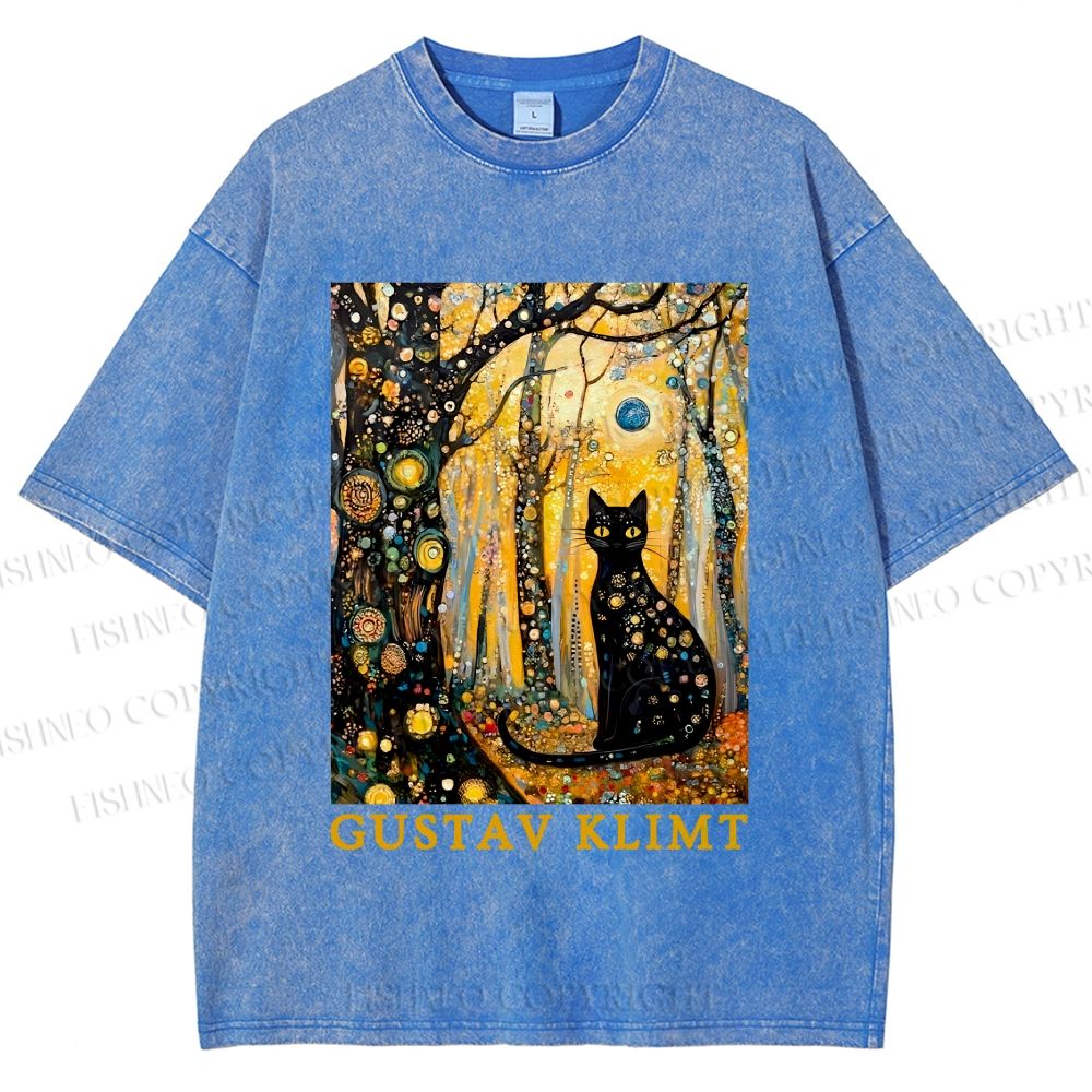 Unisex Gustav Klimt Cat in Wood Printed Washed Tee