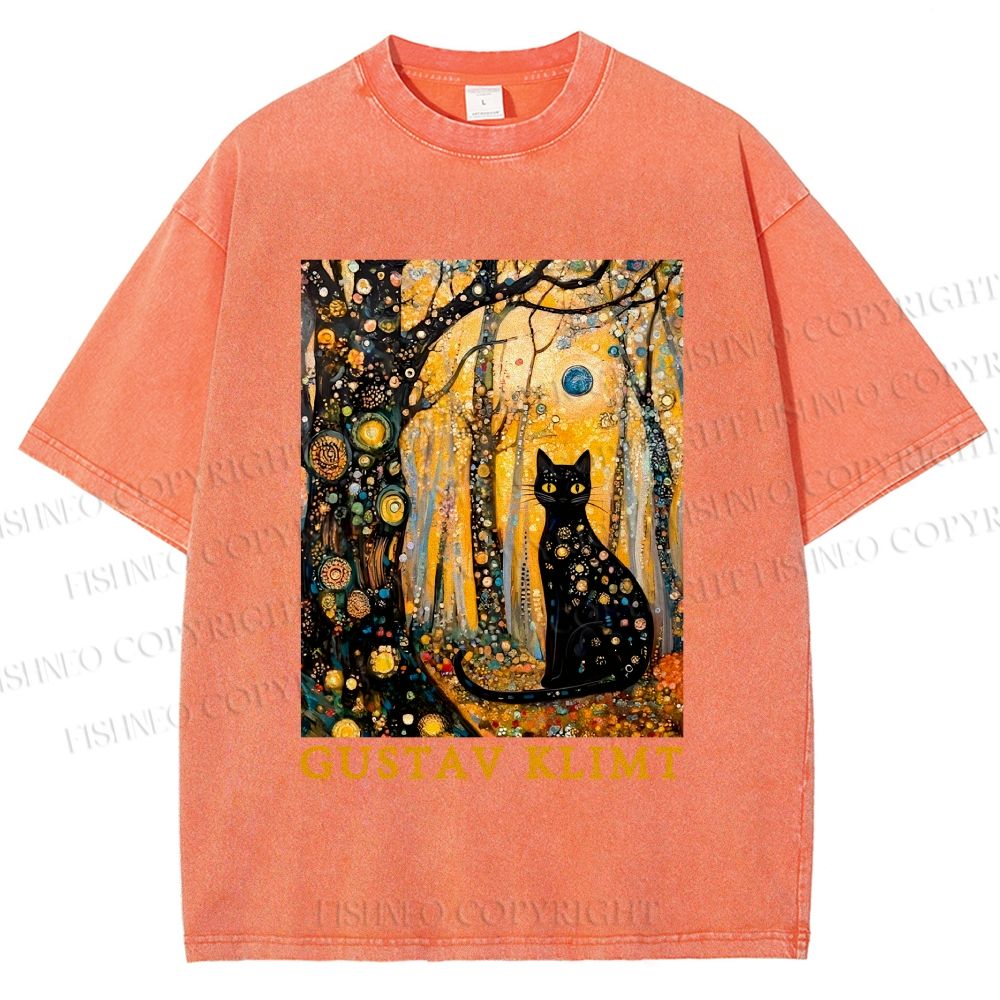 Unisex Gustav Klimt Cat in Wood Printed Washed Tee
