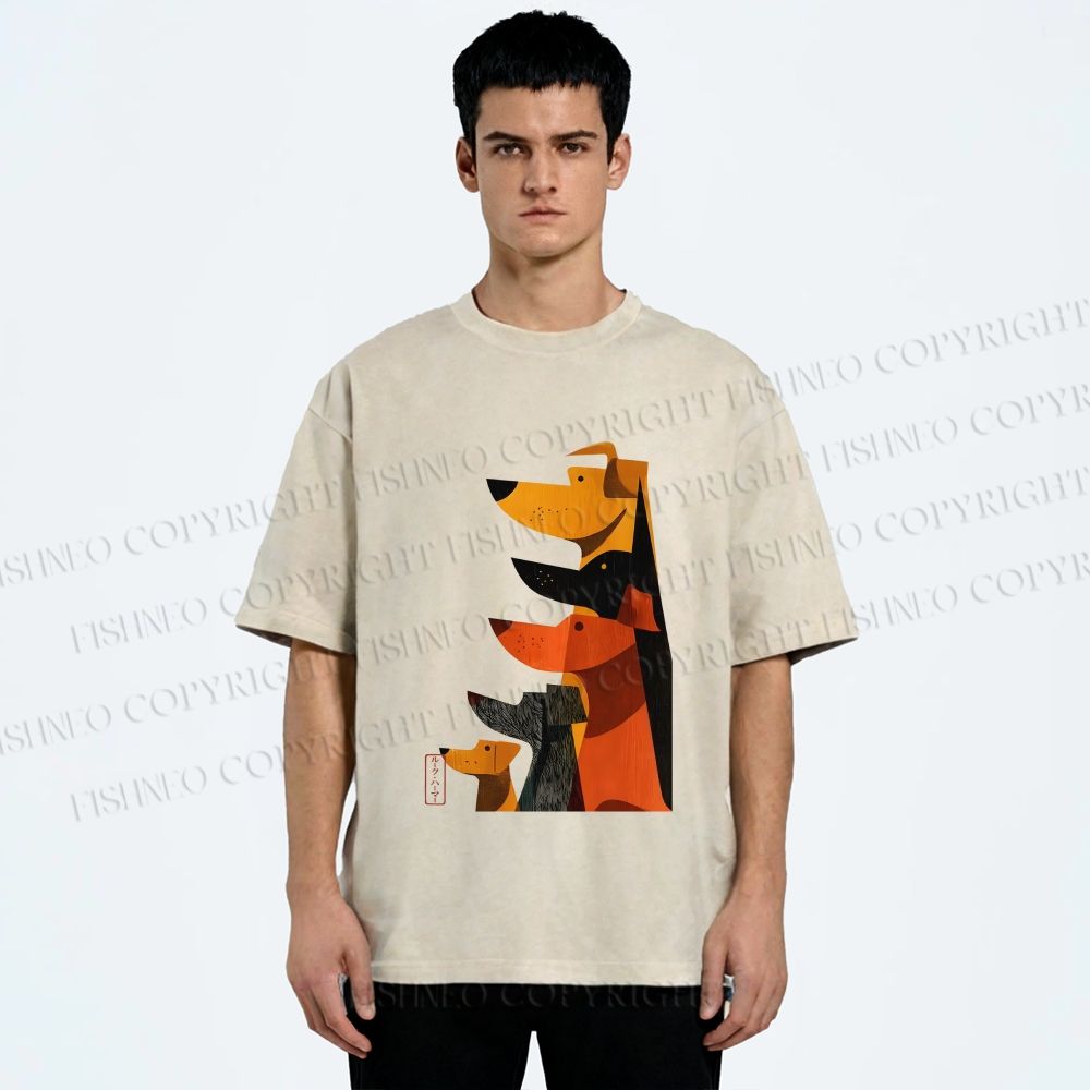 Unisex Geometric Dogs Printed Washed Tee