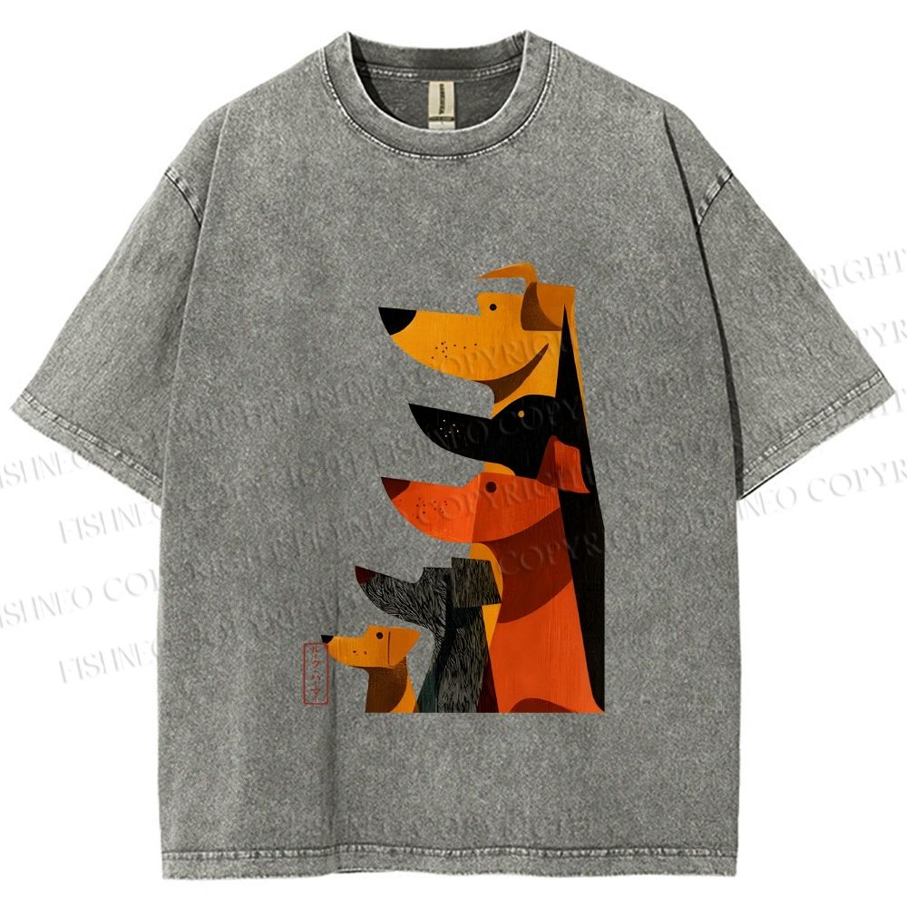 Unisex Geometric Dogs Printed Washed Tee
