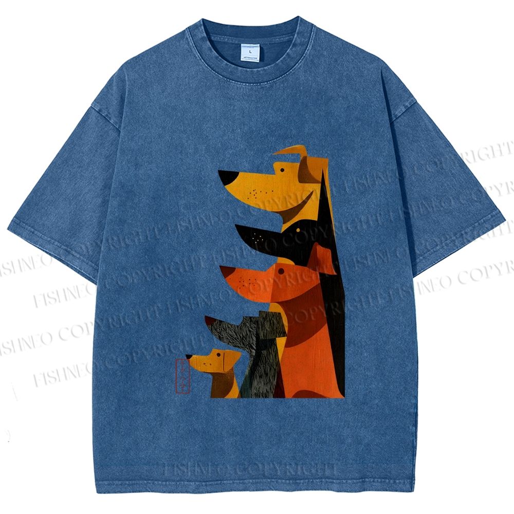Unisex Geometric Dogs Printed Washed Tee
