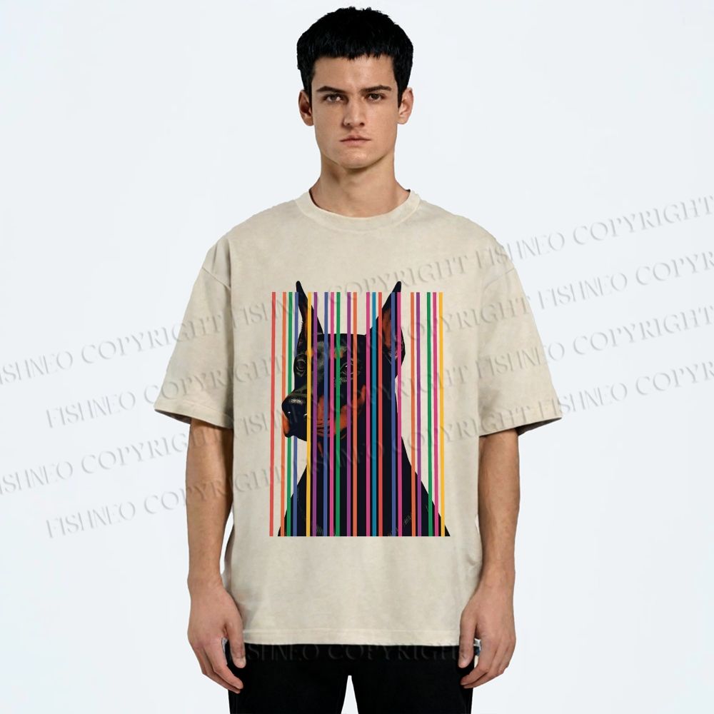 Unisex Doberman Pnscher Dog Inside Multicolor Lines Printed Washed Tee