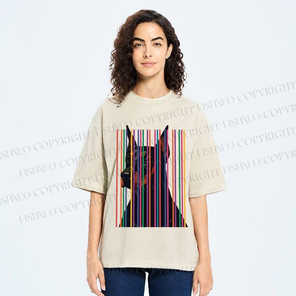 Unisex Doberman Pnscher Dog Inside Multicolor Lines Printed Washed Tee