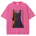 Unisex Doberman Pnscher Dog Inside Multicolor Lines Printed Washed Tee