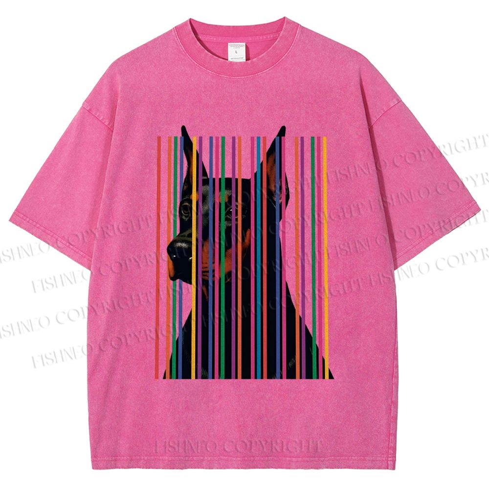 Unisex Doberman Pnscher Dog Inside Multicolor Lines Printed Washed Tee