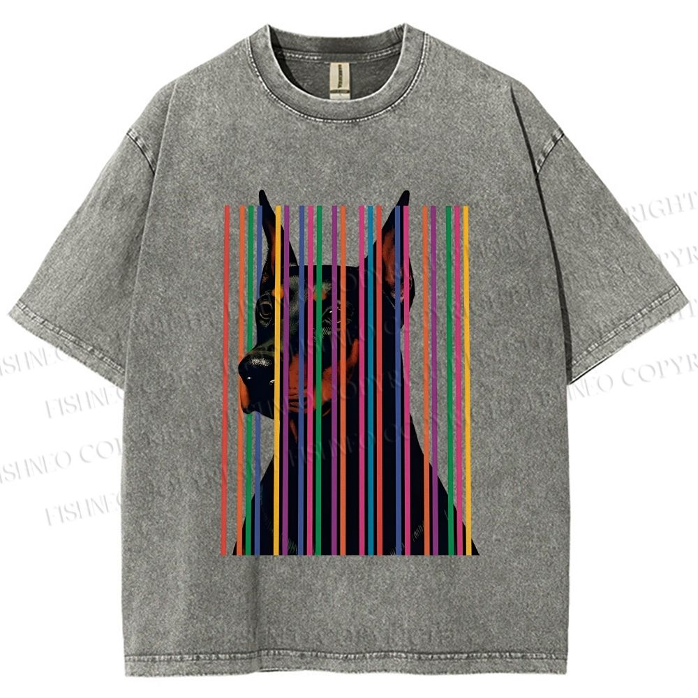 Unisex Doberman Pnscher Dog Inside Multicolor Lines Printed Washed Tee