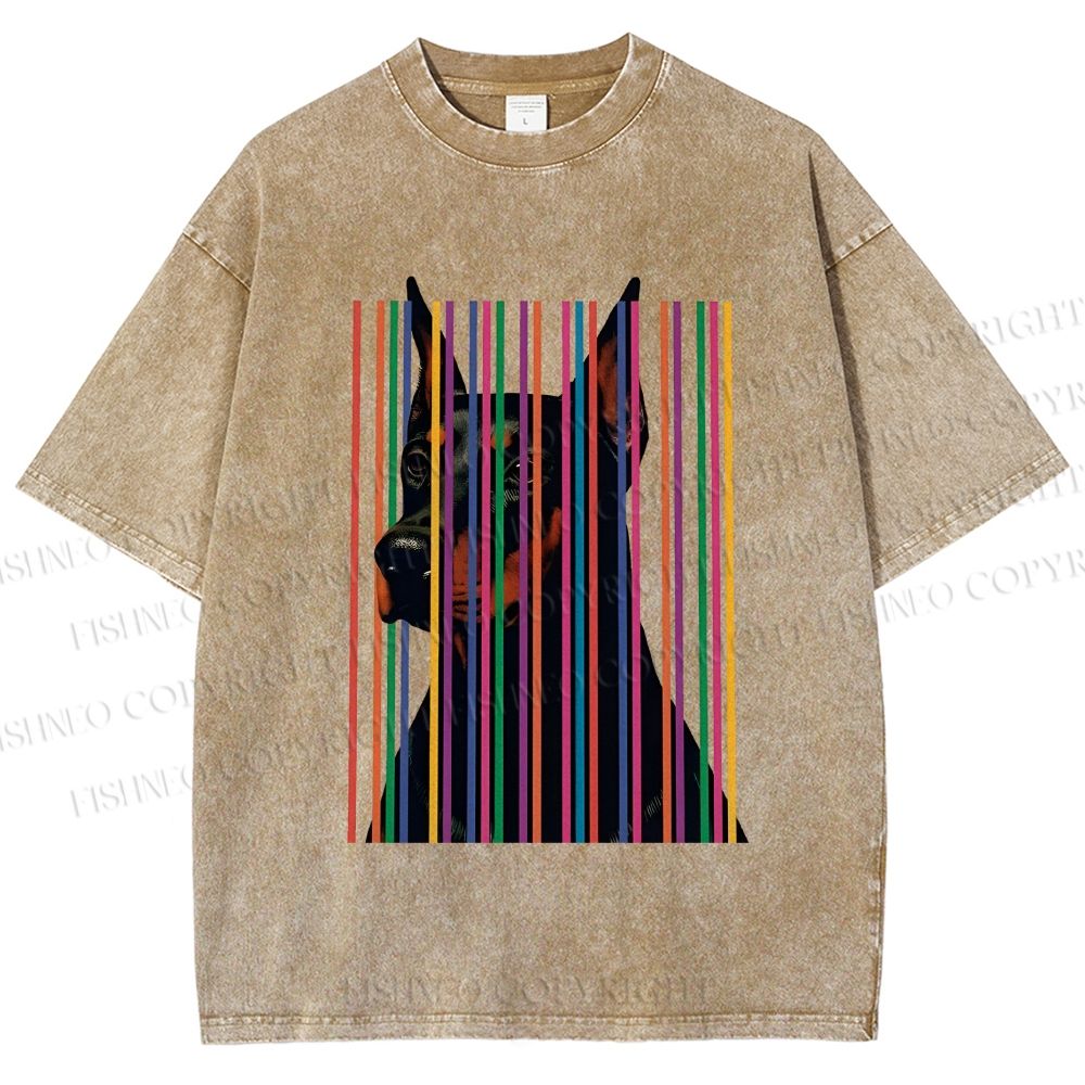 Unisex Doberman Pnscher Dog Inside Multicolor Lines Printed Washed Tee