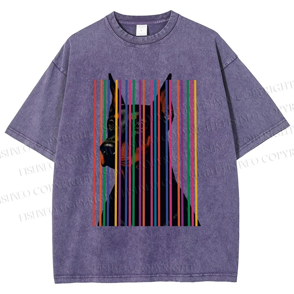 Unisex Doberman Pnscher Dog Inside Multicolor Lines Printed Washed Tee