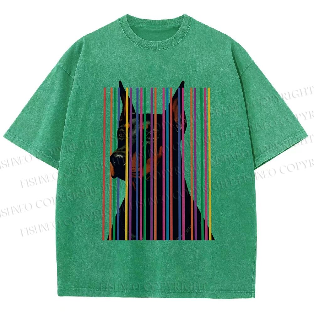 Unisex Doberman Pnscher Dog Inside Multicolor Lines Printed Washed Tee