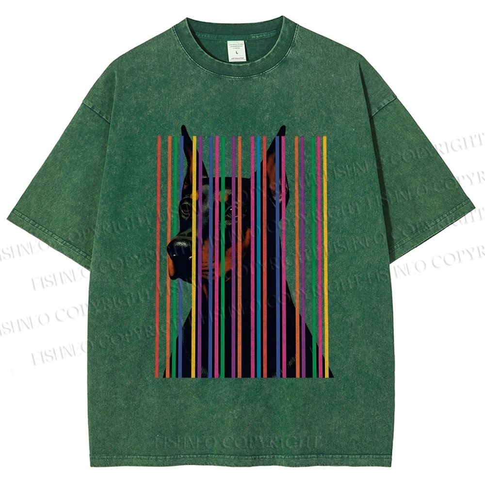 Unisex Doberman Pnscher Dog Inside Multicolor Lines Printed Washed Tee