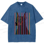 Unisex Doberman Pnscher Dog Inside Multicolor Lines Printed Washed Tee
