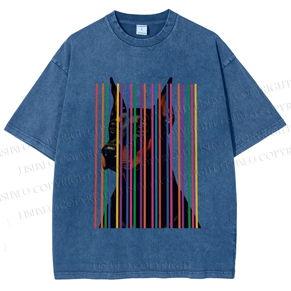 Unisex Doberman Pnscher Dog Inside Multicolor Lines Printed Washed Tee