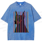Unisex Doberman Pnscher Dog Inside Multicolor Lines Printed Washed Tee