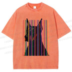 Unisex Doberman Pnscher Dog Inside Multicolor Lines Printed Washed Tee
