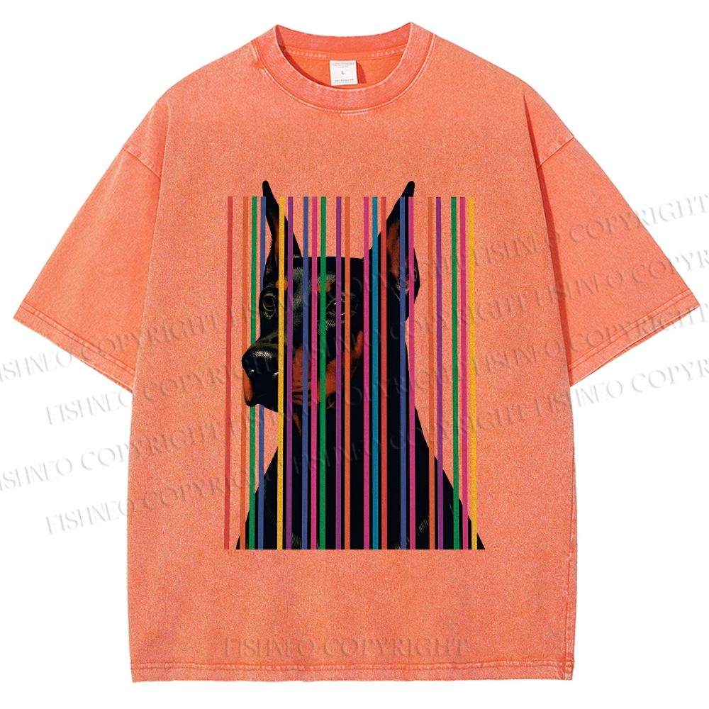 Unisex Doberman Pnscher Dog Inside Multicolor Lines Printed Washed Tee