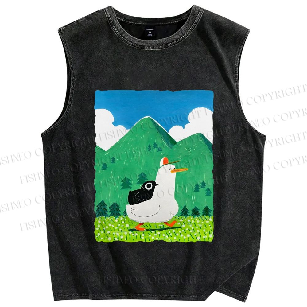Unisex Chubby Goose With Crow Bird in Valley Printed Washed Tank Top