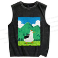 Unisex Chubby Goose With Crow Bird in Valley Printed Washed Tank Top
