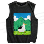 Unisex Chubby Goose With Crow Bird in Valley Printed Washed Tank Top