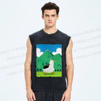Unisex Chubby Goose With Crow Bird in Valley Printed Washed Tank Top