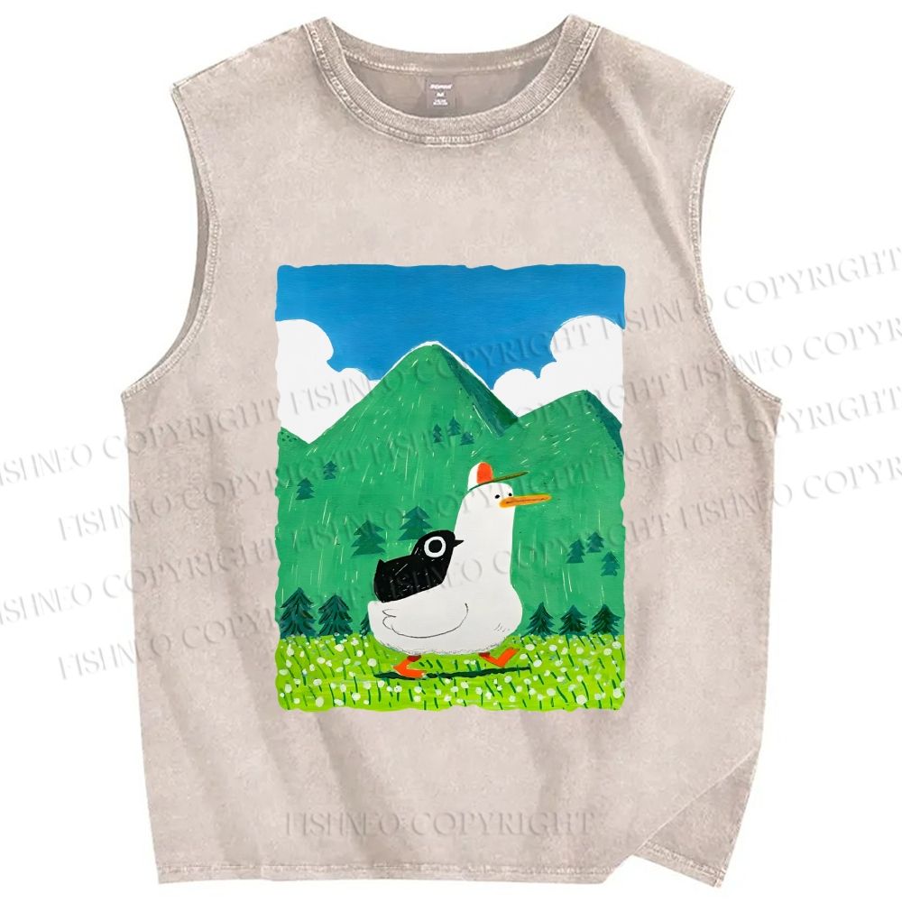 Unisex Chubby Goose With Crow Bird in Valley Printed Washed Tank Top
