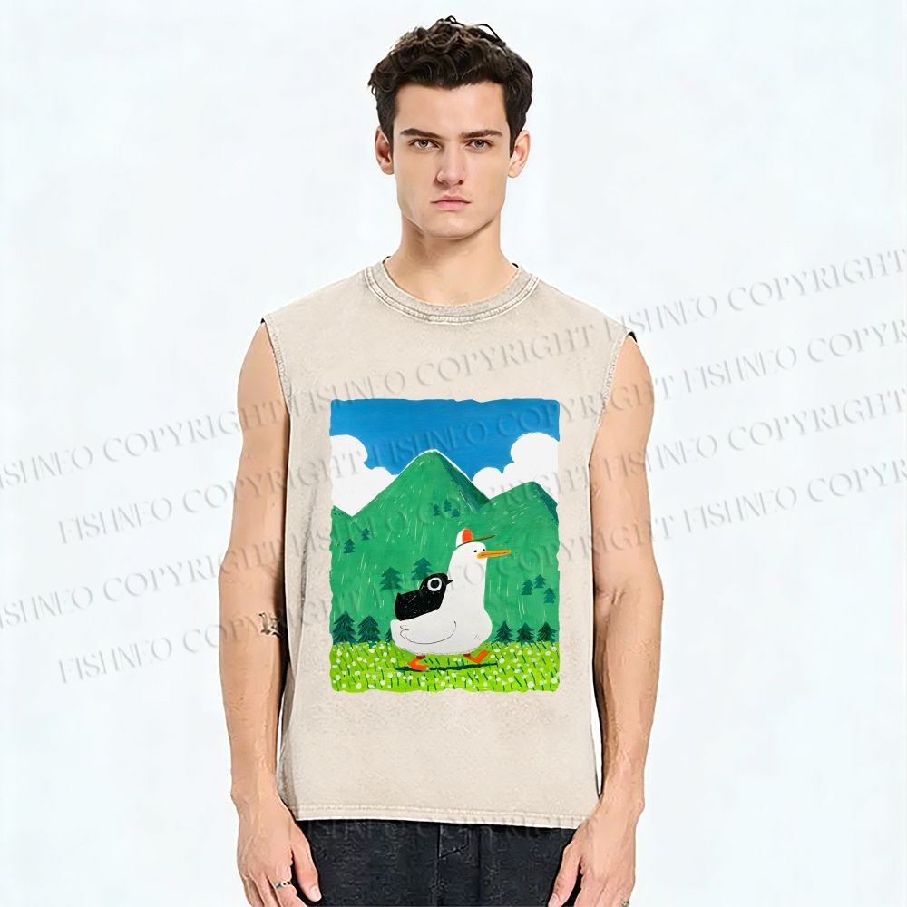 Unisex Chubby Goose With Crow Bird in Valley Printed Washed Tank Top
