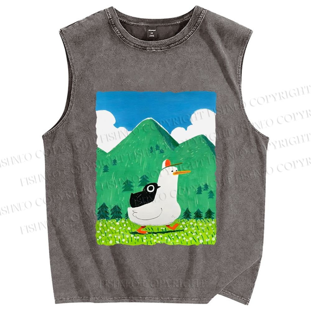 Unisex Chubby Goose With Crow Bird in Valley Printed Washed Tank Top