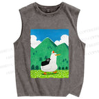Unisex Chubby Goose With Crow Bird in Valley Printed Washed Tank Top