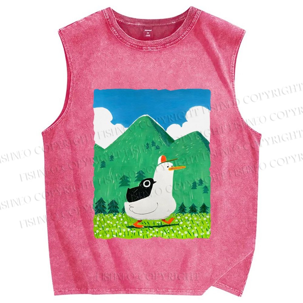 Unisex Chubby Goose With Crow Bird in Valley Printed Washed Tank Top