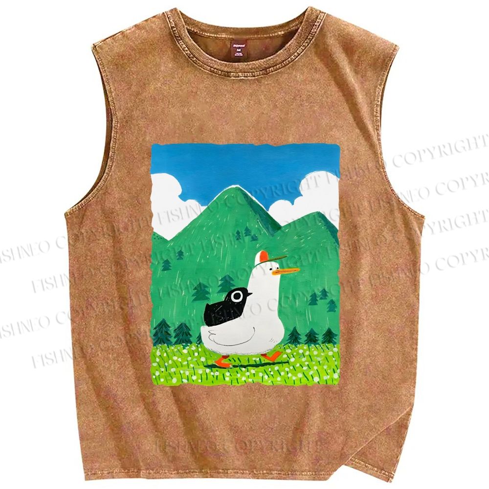 Unisex Chubby Goose With Crow Bird in Valley Printed Washed Tank Top