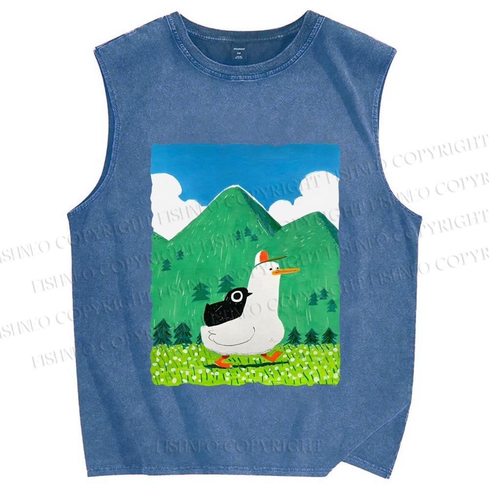 Unisex Chubby Goose With Crow Bird in Valley Printed Washed Tank Top