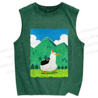 Unisex Chubby Goose With Crow Bird in Valley Printed Washed Tank Top
