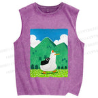 Unisex Chubby Goose With Crow Bird in Valley Printed Washed Tank Top