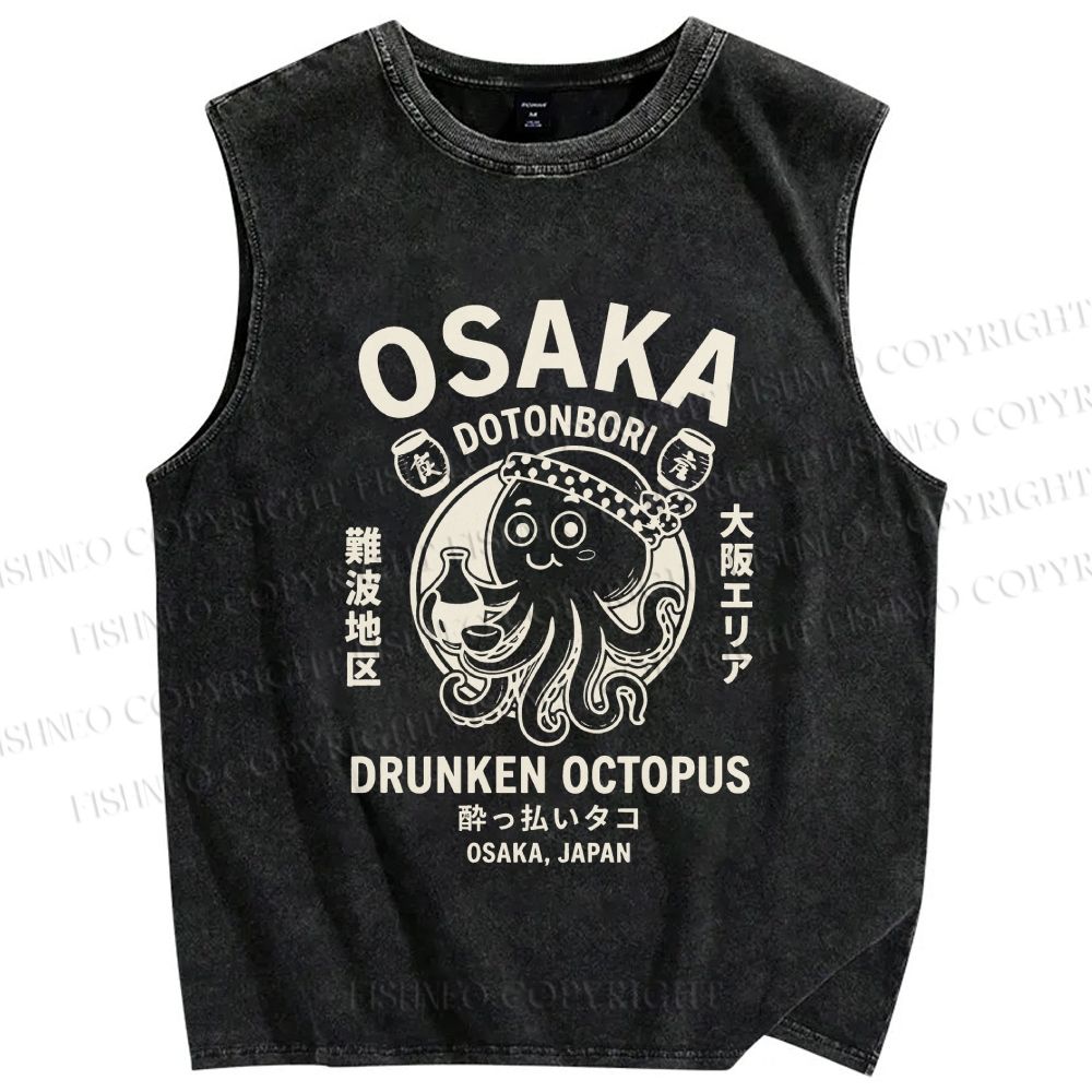 Unisex Osaka Drunken Octopus Printed Washed Tank Top