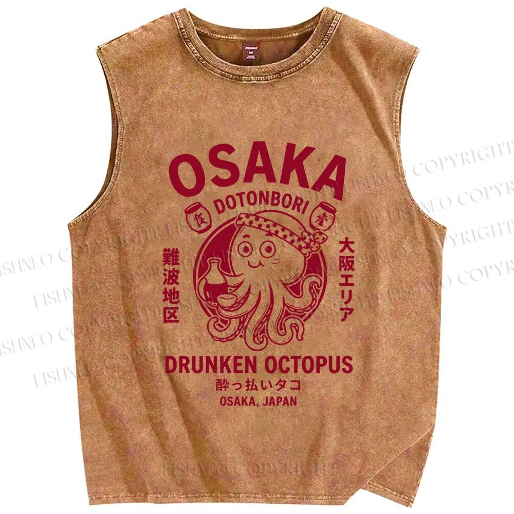 Unisex Osaka Drunken Octopus Printed Washed Tank Top