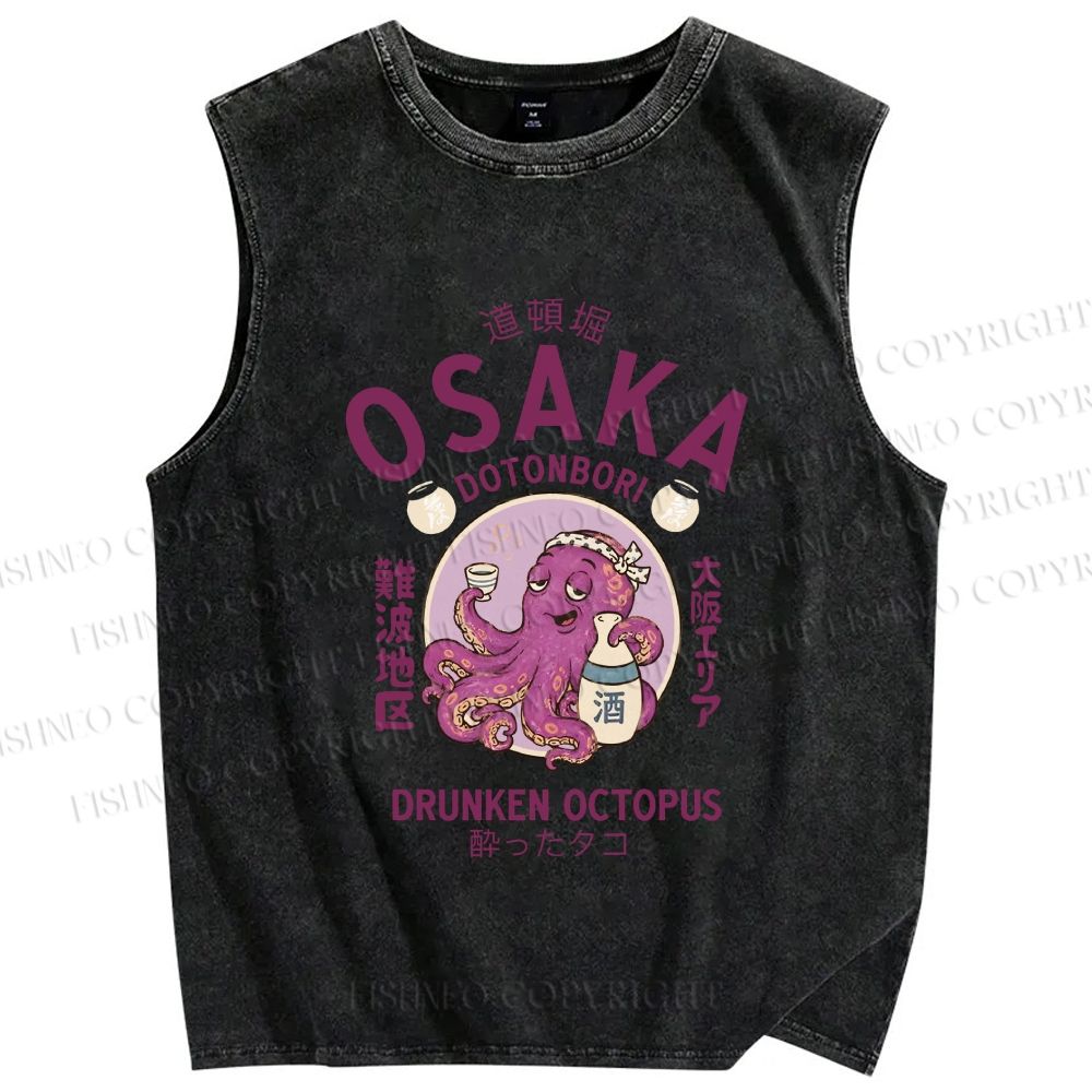 Unisex Osaka Drunken Octopus Printed Washed Tank Top