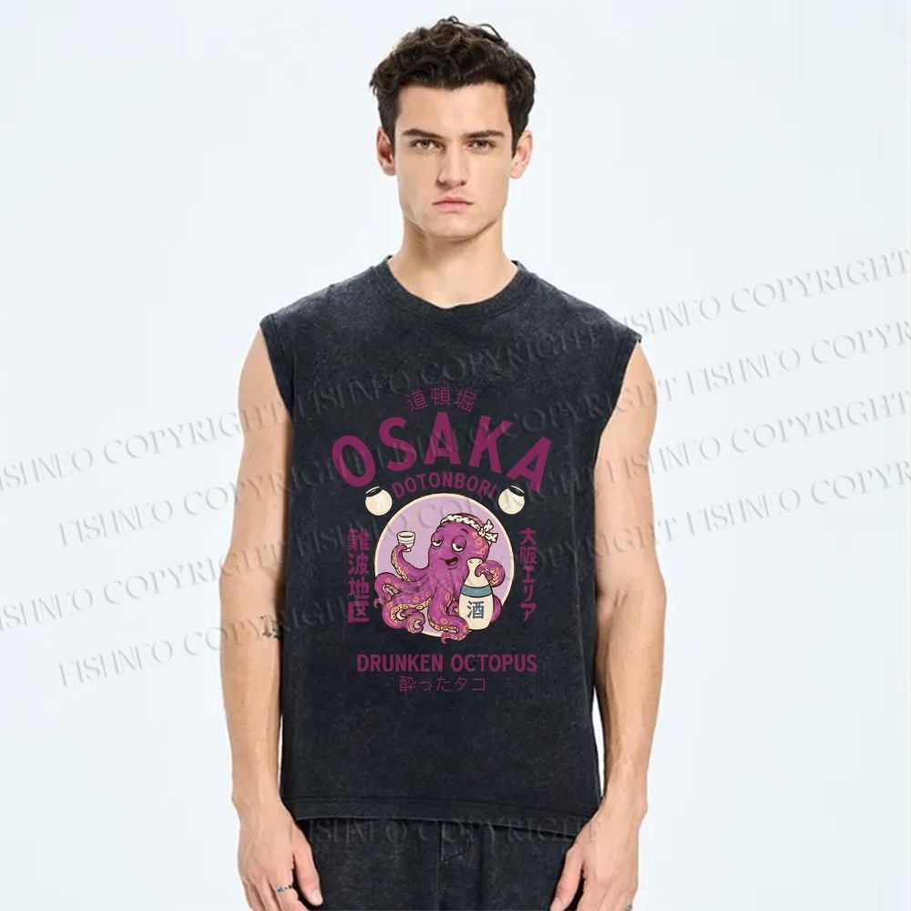 Unisex Osaka Drunken Octopus Printed Washed Tank Top
