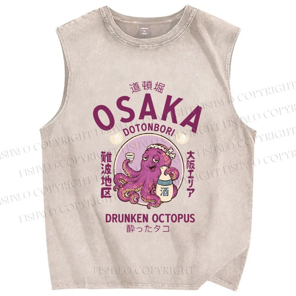 Unisex Osaka Drunken Octopus Printed Washed Tank Top