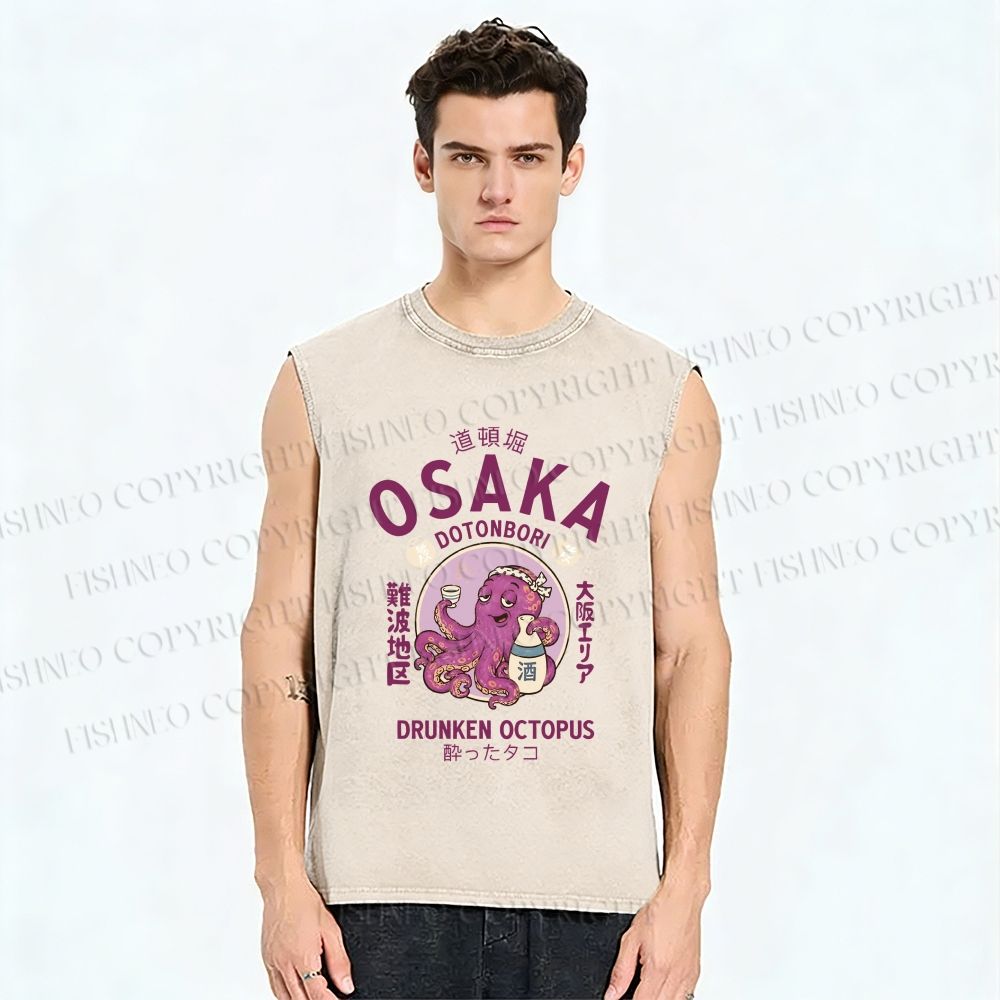 Unisex Osaka Drunken Octopus Printed Washed Tank Top