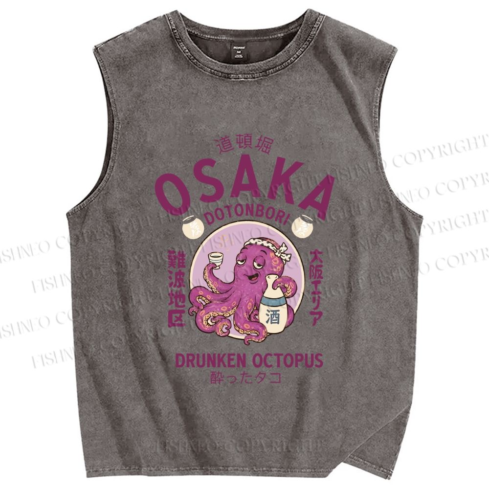 Unisex Osaka Drunken Octopus Printed Washed Tank Top