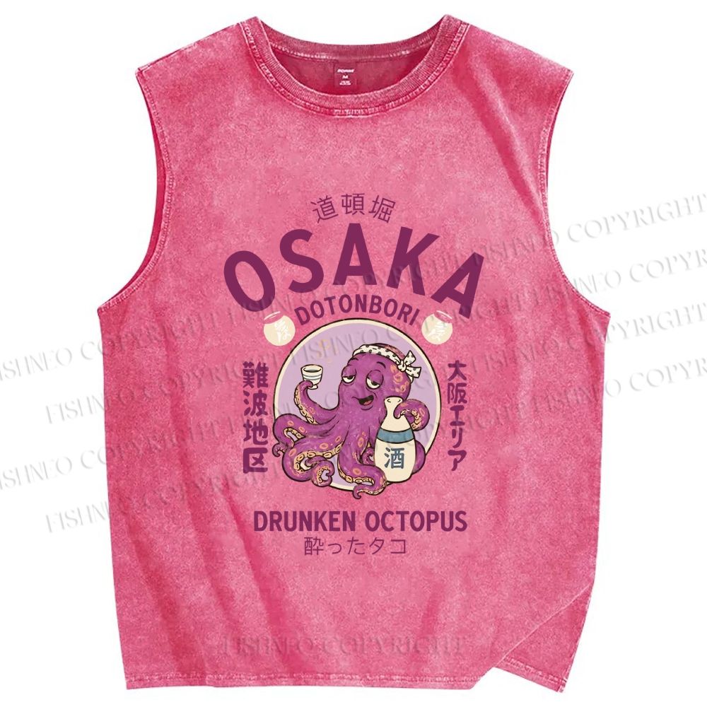Unisex Osaka Drunken Octopus Printed Washed Tank Top